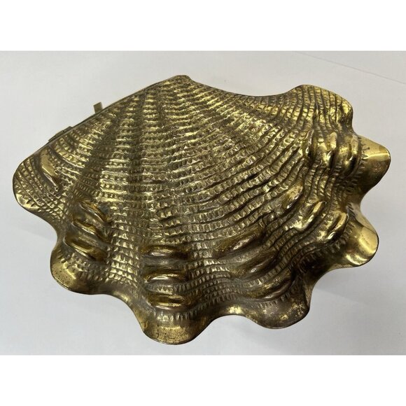 9" Vintage Large Hampton Brass Hinged Clam Shell MCM Decorative Box Keepsake Box - Picture 2 of 13